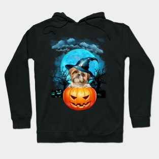 Shih Tzu Witch Hat Pumpkin And Blue Moon Halloween Hoodie